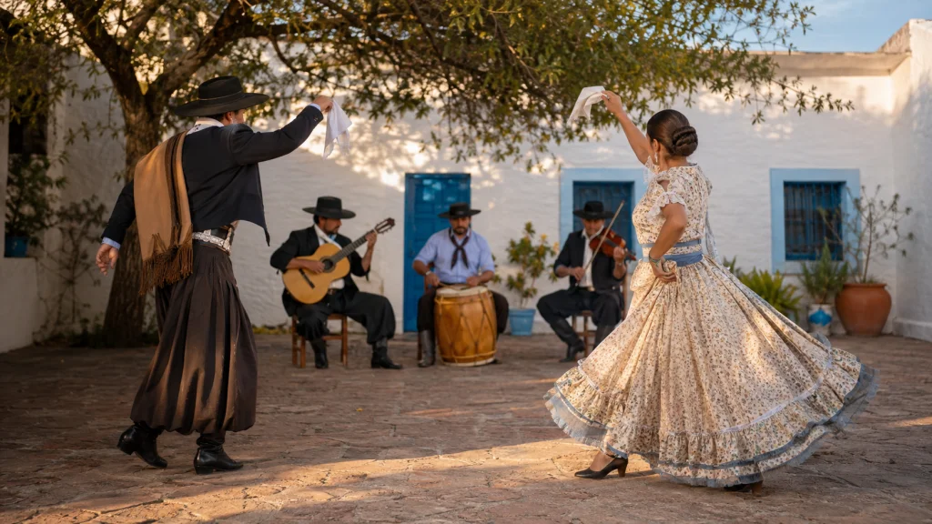 Pareja bailando chacarera con pañuelos junto a guitarra, bombo legüero y violín