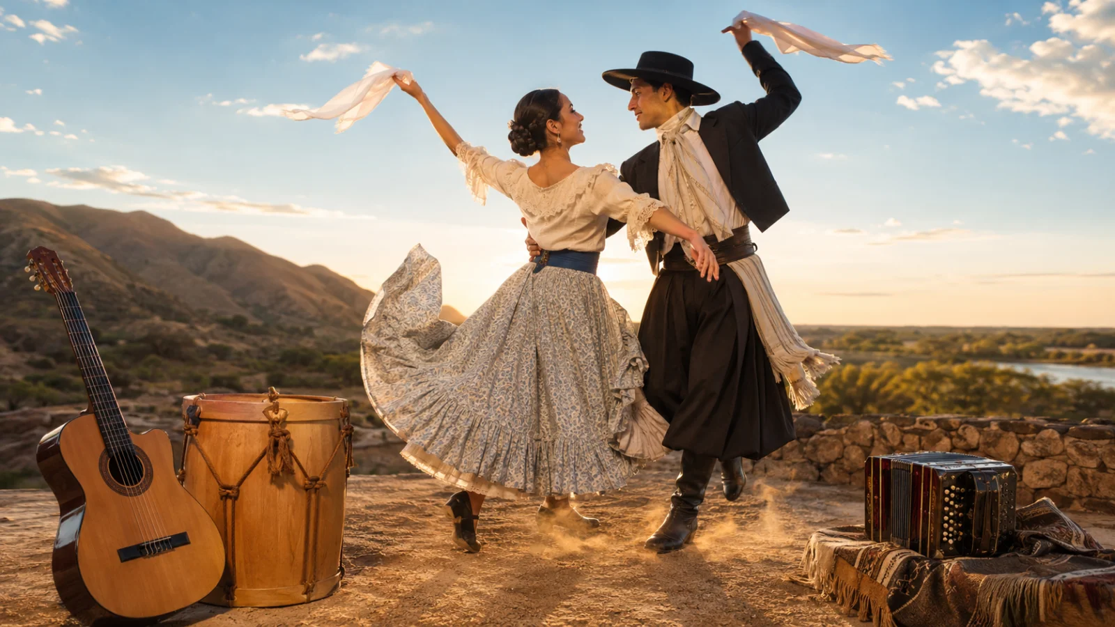 Pareja bailando folklore argentino junto a guitarra, bombo legüero y bandoneón